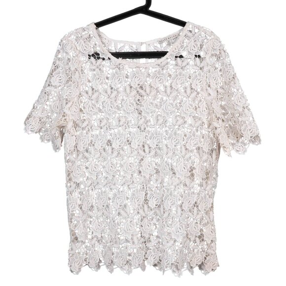 Haute Monde Tops - Haute Monde Floral Blouse XL Womens White Lace Short Sleeve Sheer Career Casual